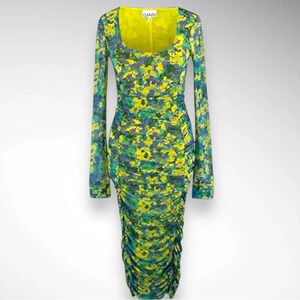 GANNI Women's Abstract Print Long Sleeve Midi Dress With Ruching Size 8/10 | NWT